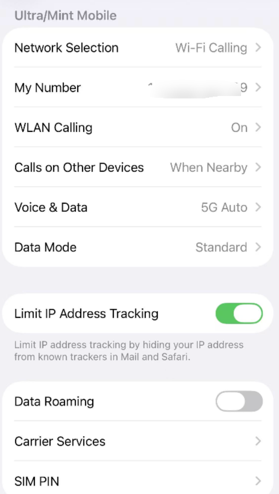 iPhone 蜂窝设置：Ultra/Mint Mobile 开启 WLAN Calling，关闭数据漫游
